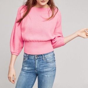 NWT Anthropologie Pink Balloon Sleeve Cropped Boatneck Sweater Size Medium
